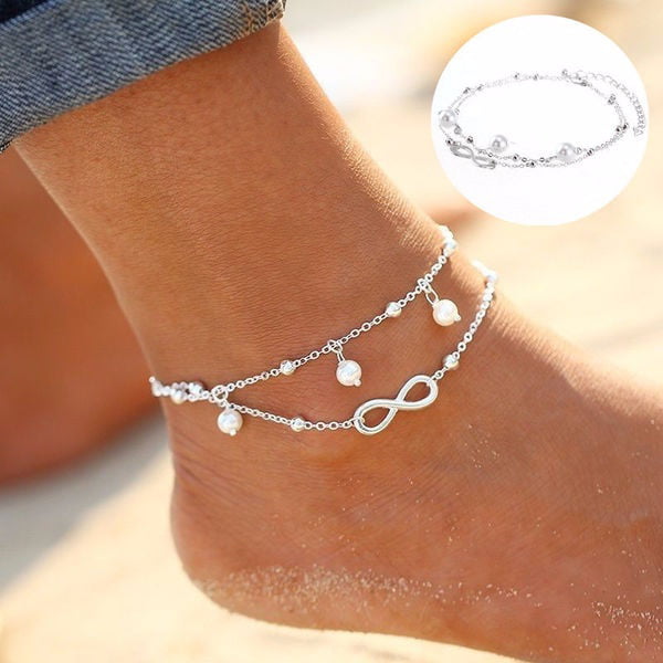 Multi-layer Women Ankle Bracelet Silver Heart Anklet Foot Chain Boho Beads Gift 